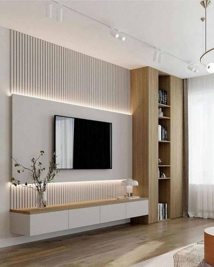 Fluted-panel TV wall with floating wood shelving